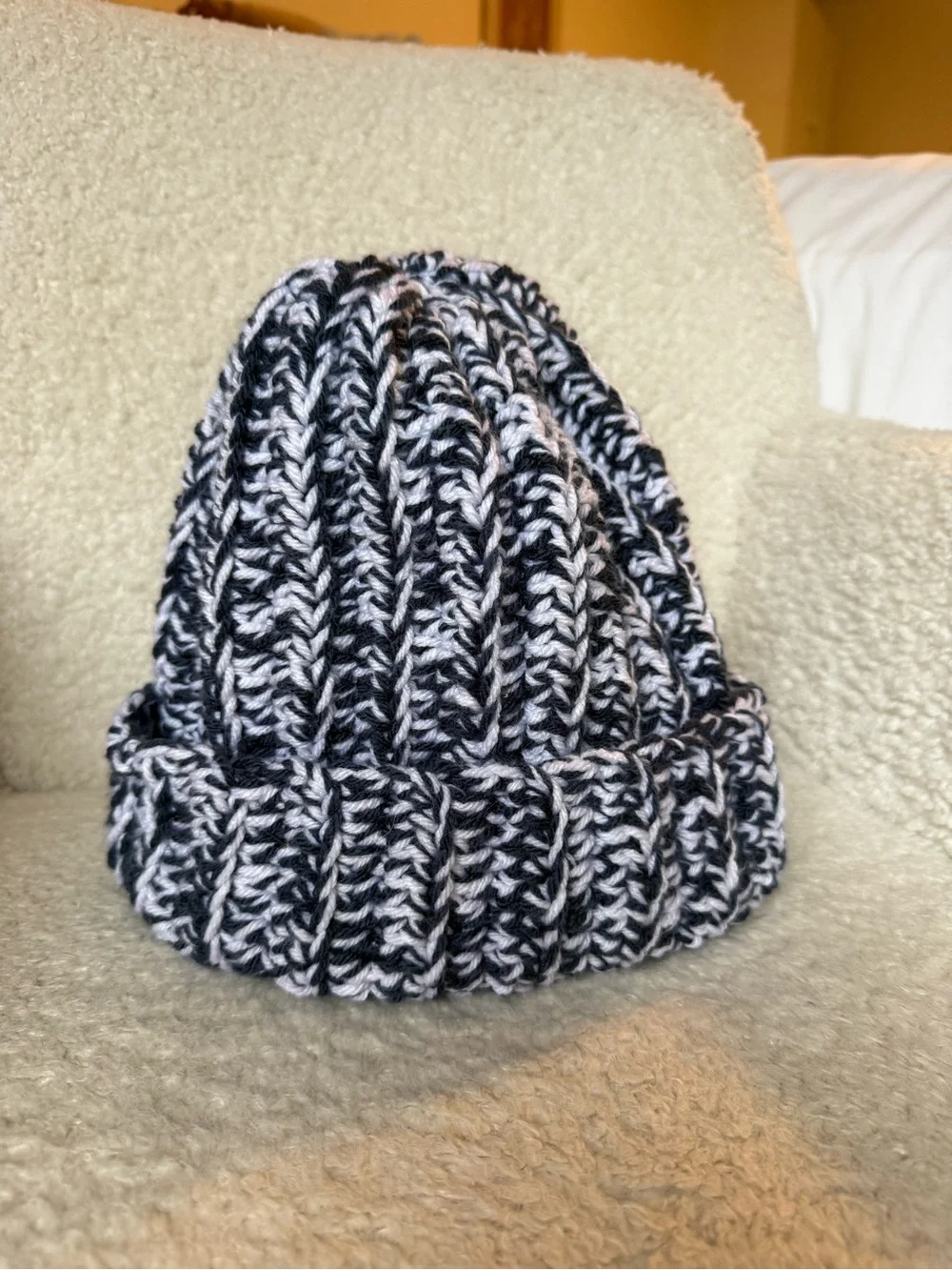 Navy blue and white chunky handmade crochet beanie: winter ski